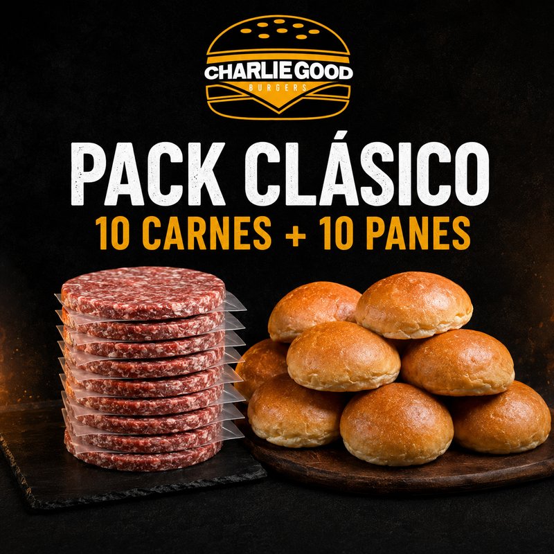 Pack Clásico CharlieGood: 10 hamburguesas artesanales congeladas más 10 panes
